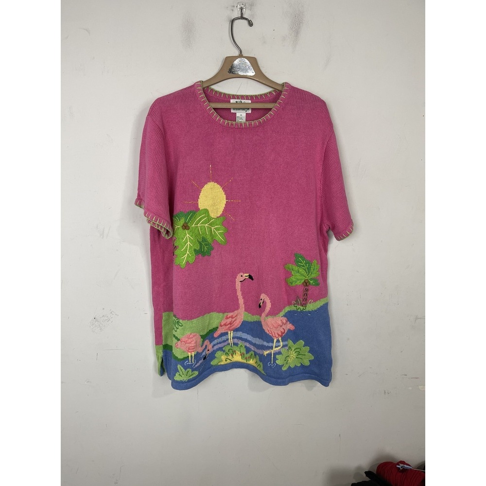 The Quacker Factory Women's 3X Pink Flamingo Tropical Knit Short Sleeve‎ Sweater